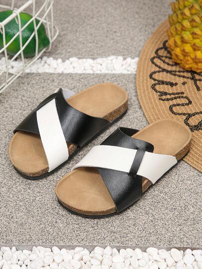 Holiday Season Kids Slippers Black White Cross Strap Comfortable Beach Slides