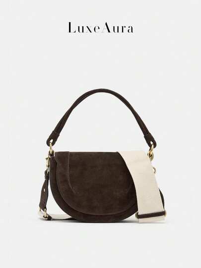 Faux Suede Matte Saddle Bag For Women, New Vintage High-End Commuter OL Office Tote Bag With Wide Strap And Crossbody