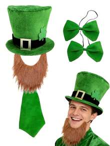 St. Patrick's Day Party Costume Set, Includes Hat, Bow Tie, Tie, Fake Mustache, Suitable For Men And Women, St. Patrick's Day Role-Playing Costume, St. Patrick's Day Party Supplies, Party Gift - Multicolor - View 1