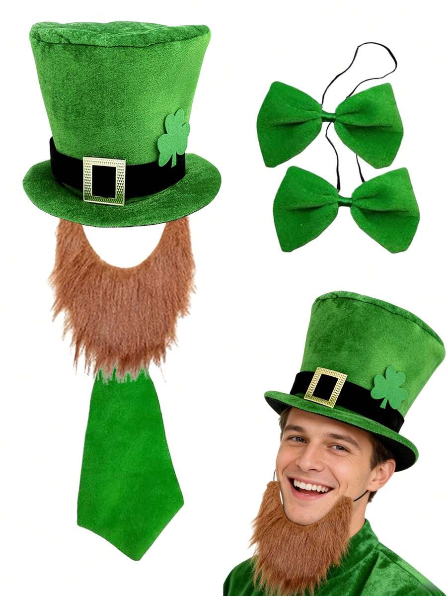 St. Patrick's Day Party Costume Set, Includes Hat, Bow Tie, Tie, Fake Mustache, Suitable For Men And Women, St. Patrick's Day Role-Playing Costume, St. Patrick's Day Party Supplies, Party Gift - Multicolor - View 1