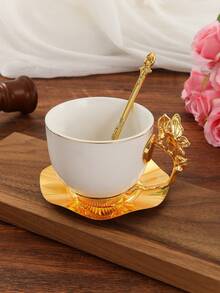 1 Set Ceramic Coffee Cup & Saucer With Spoon, 3D Butterfly Handle, Gold Tone Mug, Household Cup, Nordic Minimalist Milk Cup, Afternoon Tea Cup, Red Tea Cup, Valentine's Day Gift - Gold - View 2