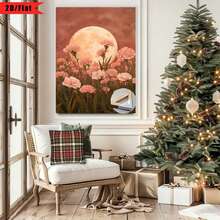 Enmarcado [2D plano] 1 pieza de luna llena en el cielo, rodeada de claveles rosados| Cuadro de arte en lienzo plano 2D, embalaje con marco de madera, muy adecuado para la decoración del hogar, habitación, sala de estar, dormitorio, baño, elección perfecta para Acción de Gracias y otras festividades. Disponible en varios tamaños, se puede colgar directamente sin instalación. - Multicolor - Ver 3