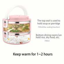 1/2/3/4pcs Round Stainless Steel Premium Solid Color Lunch Boxes With Lids, Multi-Layer Compartments, Multifunctional, High-Temperature Resistant, Strong Sealing, Heat-Insulated, Portable With Handle And Vent Valve, Made Of Materials, Adaptable To Various Scenarios. Suitable For Home, Kitchen, Restaurant, Office, Students, Hospitals, Visiting Relatives, Picnics, Camping, And Travel. - Pink - View 5