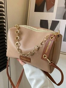 Borsa a tracolla con catena decorativa in metallo di colore unito, borsa a secchiello quadrata minimalista di colore unito per donna - Cachi - Visualizzare 1