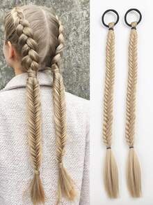 2pcs 18-Inch Handmade Fish Bone Braided Ponytail Hair Extensions With Elastic Band, Suitable For Women - Multicolor - View 8