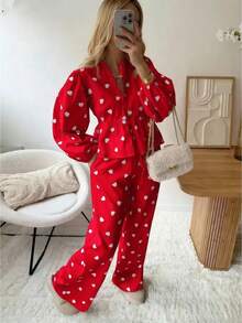 Womens 2 Piece Outfits Heart Print Peplum Tops  Pants Sets Puff Long Sleeve Blouse Y2K Lounge Sets - 紅色 - 查看 1