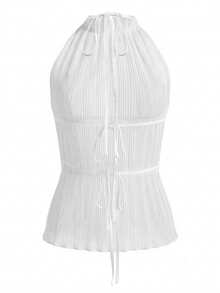 Women's Fashion White Ruched Chiffon Camisole, Backless Tie Design, Ruffle Hem, Regular Length Non-Stretch Fabric Tank Top