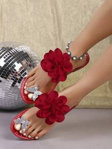 Women's Fashion Flat Sandals, Random Printed Fashionable PU Leather Applique, Suitable For Home Wear - Red - View 2