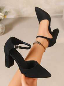 女士黑色优雅踝带单扣高跟凉鞋，粗跟闭趾正式派对礼服鞋 - 黑色 - 查看 2