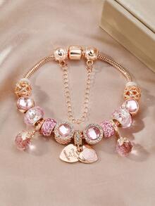 1pc 19cm/7.48in Double Layer Rose Petal Heart Pendant Bracelet, Elegant Handmade Jewelry With Sparkling Rhinestone Polymer Clay Spacer Beads And Snake Chain, Perfect Gift For Mom, Daughter, Sister Or Girlfriend On Valentine's Day, Birthday, Christmas And Anniversary - Rose Gold - View 5