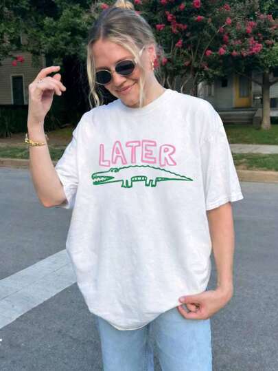 Camiseta "Later Gator", camiseta sarcástica, camiseta divertida para mujer, camiseta ofensiva, camiseta de cocodrilo, camiseta de cocodrilo, camiseta divertida para mamá, talla grande, camiseta clásica de manga corta con gráfico impreso, top casual de manga corta para mujer, blanco