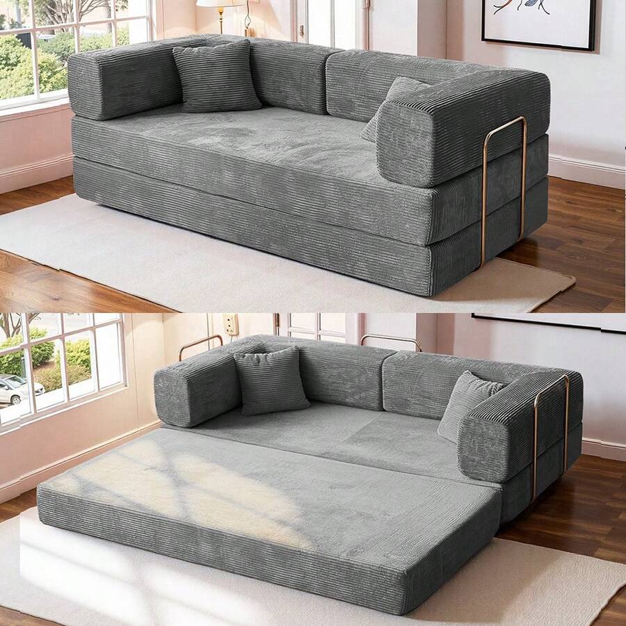 No Assembly Convertible Folding Sofa Bed With Metal Frame, 78.7" Cloud Modular Boneless Couch & Living Room Furniture, Memory Foam & Corduroy Fabric For Small Apartments - Xám - Xem 1