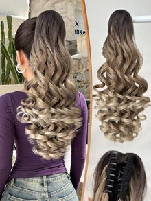 Claw Shaped Ponytail Extension Hair Accessory Gradient Brown 22 Inch Deep Wave Heat-Resistant Fiber Synthetic Ponytail Wig, Suitable For Women's Christmas, Halloween, Music Festivals, Parties, Daily Use - Brown Ombre - View 2
