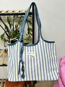 Back To School Season Korean Style Blue & White Striped Tote Bag, Large Capacity Casual Shoulder Bag For Daily, Commute, Shopping, Versatile - Multicolor - View 4