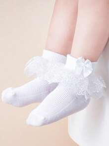 1 par de calcetines de volantes estilo princesa con lazo de encaje para niñas bebé, para primavera/verano - Blanco - Ver 11