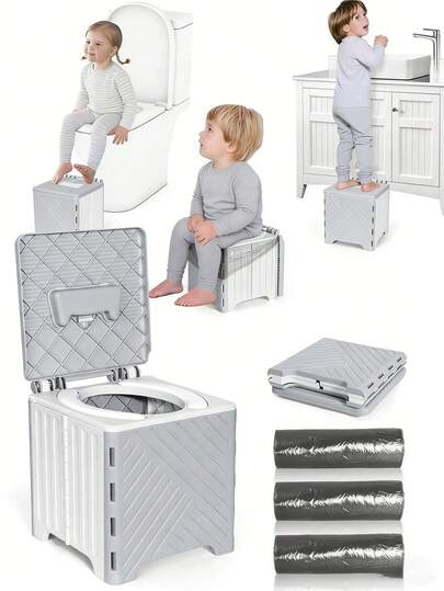 1pc Portable Foldable Toddler Travel Potty Seat With Storage Bag, Suitable For Boys & Girls 18 Months+, Includes Disposable Potty Liners - Essential For Toddler Travel, Grey