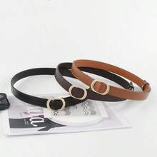 女士真皮腰带，简约无扣设计，百搭牛仔裤，时尚学生风 - 黑色 - 查看 4