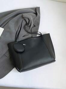 Large Capacity Solid Color Simple Tote Bag, Suitable For Shopping, Wallet, Young Women, College Students, Beginners, White-Collar. Ideal For Office, University, Work, Business, Commuting, Outdoor Activities, Travel And Picnics - Black - View 6