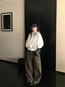 女士短款仿毛领抓绒外套，保暖翻领冬季大衣 - 白色 - 查看 3