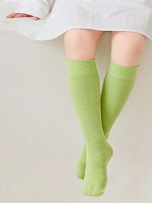 1双儿童袜子，简约纯色竖条纹，柔软舒适过膝袜 - 綠色 - 查看 2