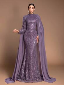 Women's Heavily Beaded & Sequined Stand Collar Long Sleeve Cape Dress, Luxury Wedding, Formal Evening Gala, Prom, Awards Ceremony, Corporate Party Gown, High-End Elegant Party Dress - 深紫色 - 查看 3