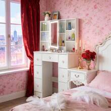 Large LED Lights Makeup Desk Mirror Dressing Dresser Table Dresser Vanity Set UK - White - View 2