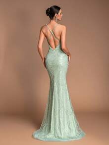 Mint Green Sequin Mermaid Evening Gown: 3D Floral Ruffle Hem Luxury Prom Dress 2026, Sexy High Slit Sparkling Formal Evening Gown Suitable For 15 Years Old Celebration, 16th Birthday, Spring Garden Wedding Guest, And Celebrity Style Gala Party - Mint Green - View 8