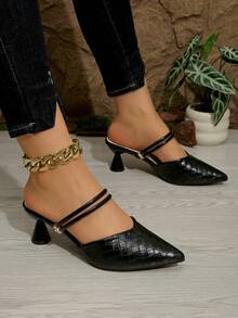 Fashionable & Versatile Black Stone Texture High Heel Pointed Toe Mules, Suitable For Spring & Summer - Black - View 4
