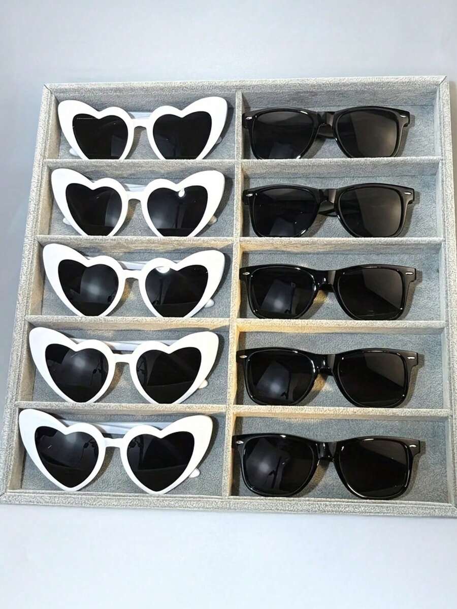 10 Pairs Of Heart-Shaped Or Square Fashionable Glasses, Perfect As Neutral Fashion Accessories For Parties, Weddings, Christmas And New Year Photography, White Framed Black Lenses, Fashionable Glasses, Wedding Decoration Glasses, Wedding Gifts, Bridesmaids And Groomsmen Accessories (Some Parts May Be Random) - Multicolor - View 1