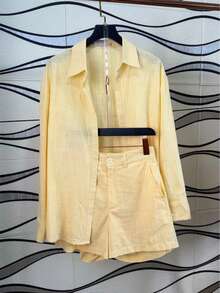 Linen Shirt And Shorts Set (2 Pieces) - Yellow - View 2