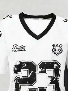 2pcs Tween Girl Numeric Print Short Sleeve Top And Cargo Pants Set - White - View 3