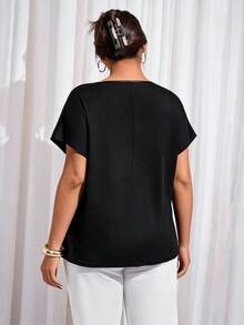 大码女式短袖圆领T恤，高弹面料，常规长度 - 黑色 - 查看 2