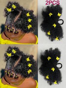 2 Pcs 4-Inch Kids Afro Kinky Curly Hair Ponytail Extensions With Mini Butterfly Clips And Black Elastic Bands, Synthetic Fiber - Natural Black - View 16