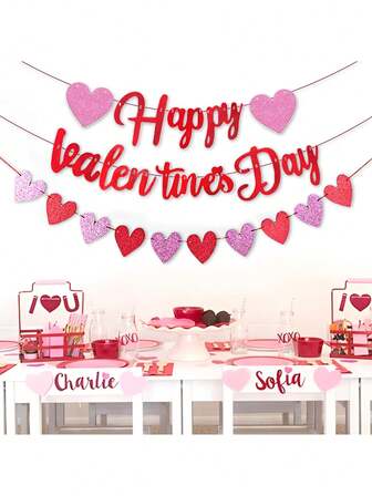 1 set röd glitter alla hjärtans dag-banderoll, röda och rosa hjärtformade banderoller, alla hjärtans dag-festdekor, årsdag, bröllop, födelsedagsfest, dekoration med romantisk atmosfär