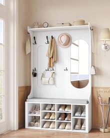 HEXCELEN Coat Rack With Shoe Bench, Wardrobe With Mirror, Shoe Storage, 10 Hooks, Adjustable Shelves, Freestanding, For Entrance Area, Hallway, 35.5 X 100 X 185 Cm, White - White - View 1