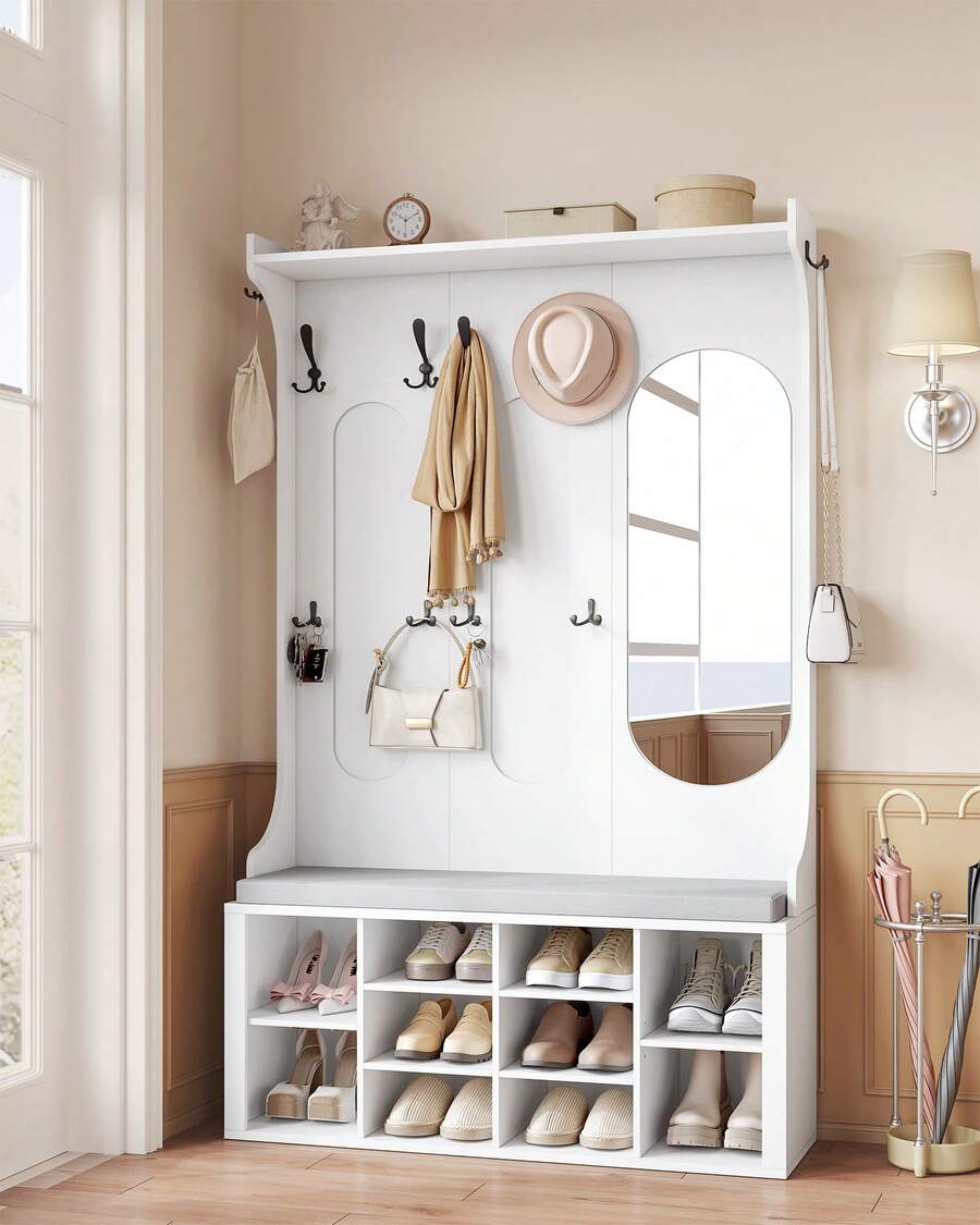 HEXCELEN Coat Rack With Shoe Bench, Wardrobe With Mirror, Shoe Storage, 10 Hooks, Adjustable Shelves, Freestanding, For Entrance Area, Hallway, 35.5 X 100 X 185 Cm, White - White - View 1