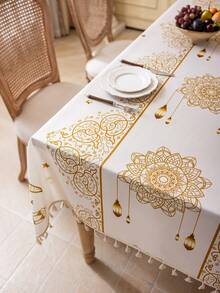 1pc Bohemian Beige Rectangular Tablecloth With Gold Moon, Geometric Patterns, Stars & Lantern Prints, Beige Tassel Decor, Washable, For Dining Table, Coffee Table, Round Table, Home Decor, Suitable For Family Kitchen, Dining Room, Party, Dinner, Arabic Style Holiday Decoration, Gift - Beige - View 9