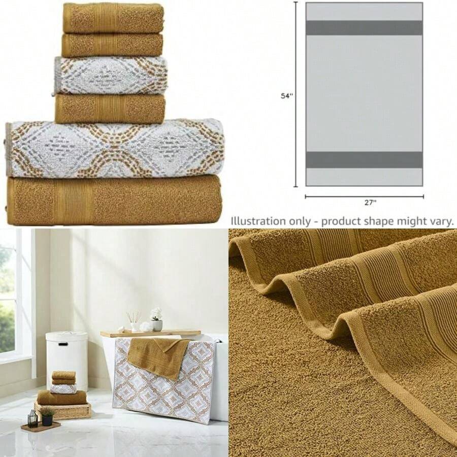 Modern Threads Capri - Juego de 6 Toallas Reversibles de Hilo Jacquard ñido, Toallas de baño, Toallas de Mano y paños de baño, súper absorbentes y de Secado rápido, 100% algodón Peinado,(68.58 cm x 137.16 cm Dorado) - Multicolor - Ver 1
