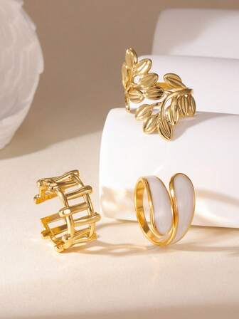 GEREIT 3ชิ้น แหวนสแตนเลสสตีล 18K ลายใบไม้เรียบง่าย เหมาะสำหรับใส่ในชีวิตประจำวันของผู้หญิง