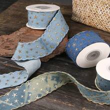 1/5yards Wide, 4cm Wide, Vintage Denim Ribbon With Embossed Star Pattern, Blue Denim Lace Trim, Decorated With Gold Stars, DIY Craft Ribbon, Suitable For Making Bows, Bag Decorations, Home Decor Accessories, Gift Packaging And Valentine's Day Decorations - Multicolor - View 2
