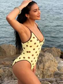 Women's Summer Tankinis Swimsuit Dot Print Sleeveless Adjustable Spaghetti Strap Bodysuit Bathing Suit - 黃色 - 查看 6