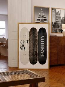 1pc Frameless Fashion Skateboard Wall Decor, Leopard Print, "C'est La Vie" Text, Modern Street Style Poster, Elegant Wall Decoration, Suitable For Living Room, Bedroom, Dorm, Apartment, Party, Gift, Back To School Season - Multicolor - View 1