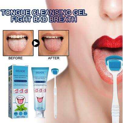 EELHOE Mint Tongue Coating Cleaning Brush & Gel, Gentle Non-Irritating Removes Thick Greasy Tongue Coating Oral Turbidity Bad Breath Freshens Breath Maintains Oral Health Care Gel With Brush
