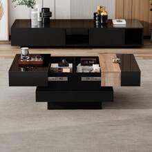 Square Living Room Table 70 X 70 X 39 Cm, Extendable Coffee Table With Hidden Storage, Tea Table With Color Block Design, High Gloss Living Room Side Table, Black, MDF - Hitam - View 3