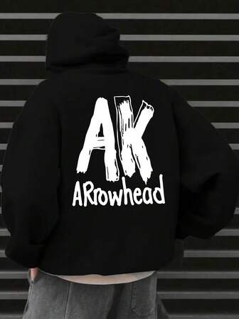 Plus Size Men's Black Fleece Lined Hoodie, Brand Graphic Print, Street Style, Autumn/Winter