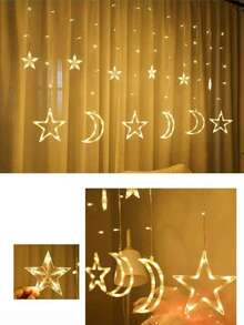 1pc 138L Moon & Star Window Curtain Light, 8 Modes USB Camping Decor Lamp, Star String Lights, LED Pentagram Fairy Lights, Suitable For Christmas, Festivals, Weddings, Holidays - Ánh sáng ấm áp - Xem 10