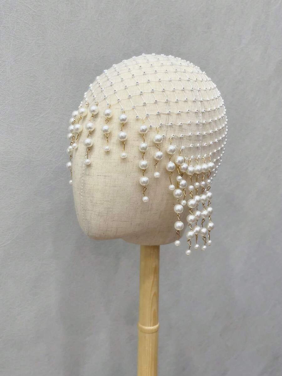 1pc Asymmetrical Pearl Embellished Headpiece With Rhinestones, Luxury Women Hair Accessory - Multicolor - View 1