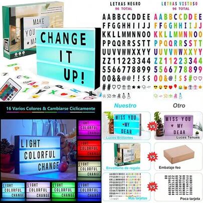 EMAGIE Letrero Luminoso : Cine Caja de Luz A4 con 96 Láminas Letras Números y Símbolos Decoración para Hogar Cuarto Habitación Tienda Fiesta Cumpleaños Navidad Bodas(16 Colores)