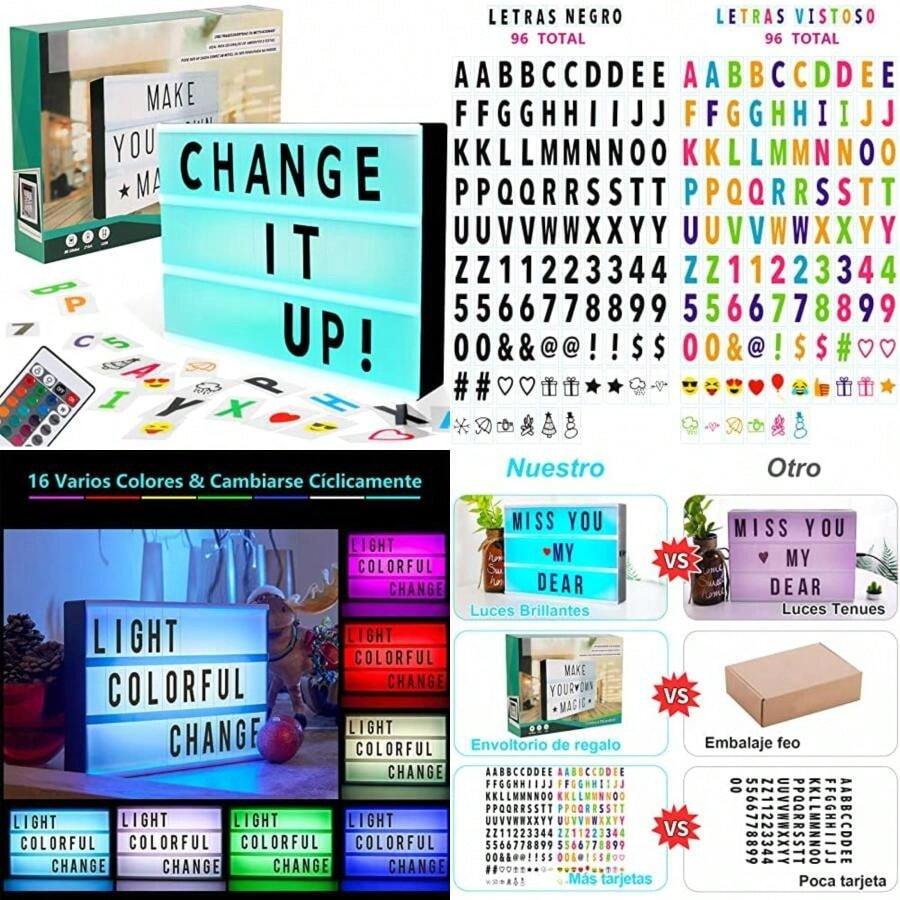 EMAGIE Letrero Luminoso : Cine Caja de Luz A4 con 96 Láminas Letras Números y Símbolos Decoración para Hogar Cuarto Habitación Tienda Fiesta Cumpleaños Navidad Bodas(16 Colores) - Multicolor - Ver 1