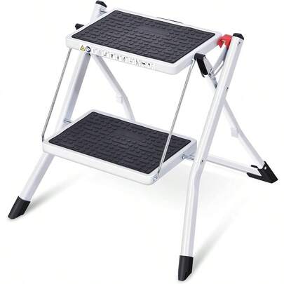 2 Step Ladder With Wide Anti-Slip Pedal Folding Lightweight Step Stool 150kg Portable Steel Step Stool White